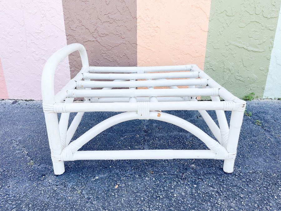 Pair of White Rattan Pretzel Chairs and Ottomans