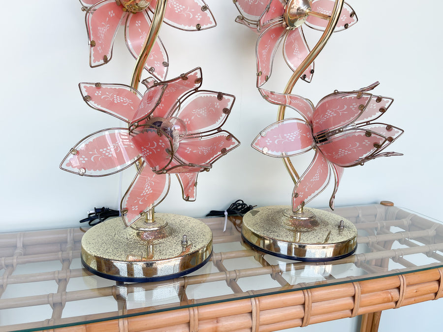 Pair of Pink Lotus Flower Lamps