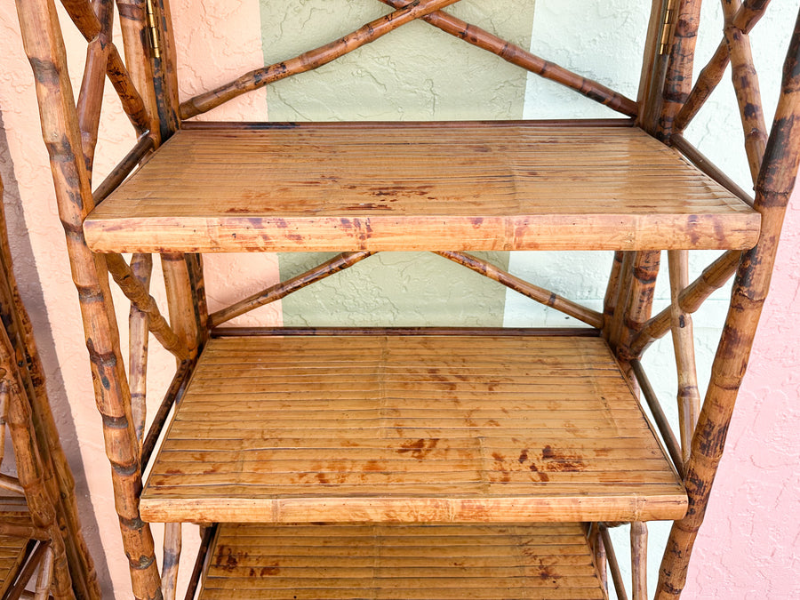 Pair of Island Style Tortoiseshell Rattan Etageres