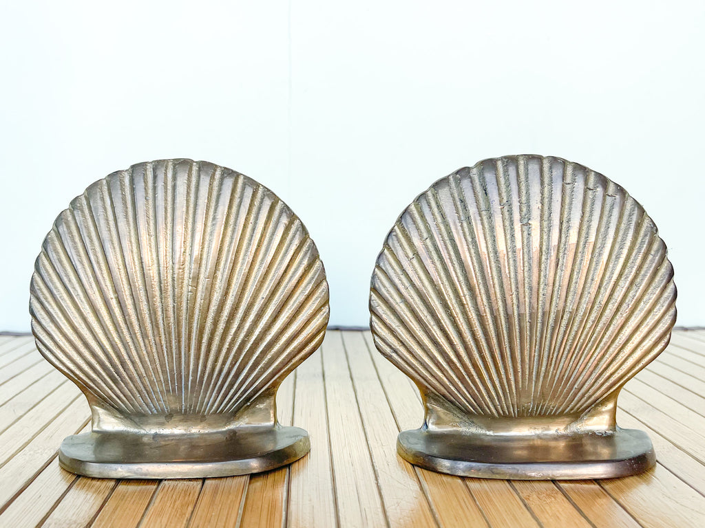 Vintage Pair of Solid Brass Seashell Bookends Clam Shell Shaped  Paperweights -  Finland