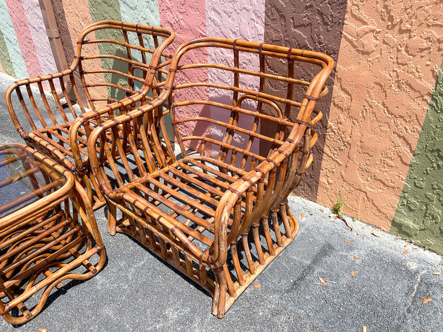 Pair of Rattan Lounge Chairs and End Table