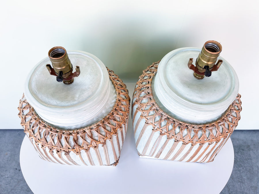Pair of Rattan Wrapped Plaster Lamps