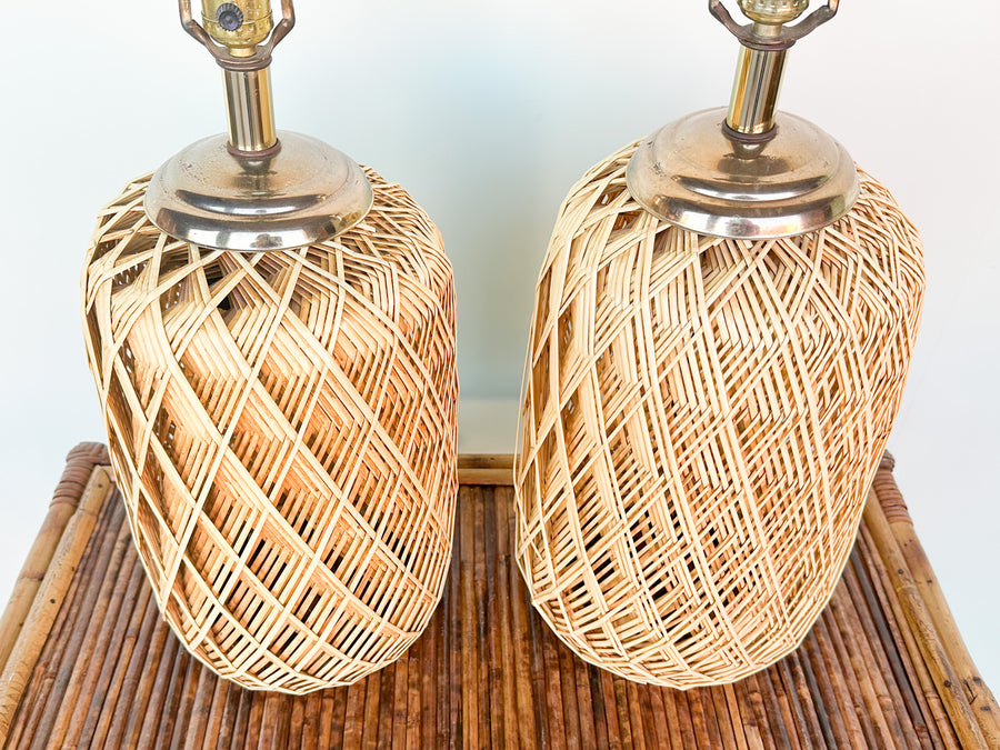 Pair of Coastal Woven Rattan Lamps