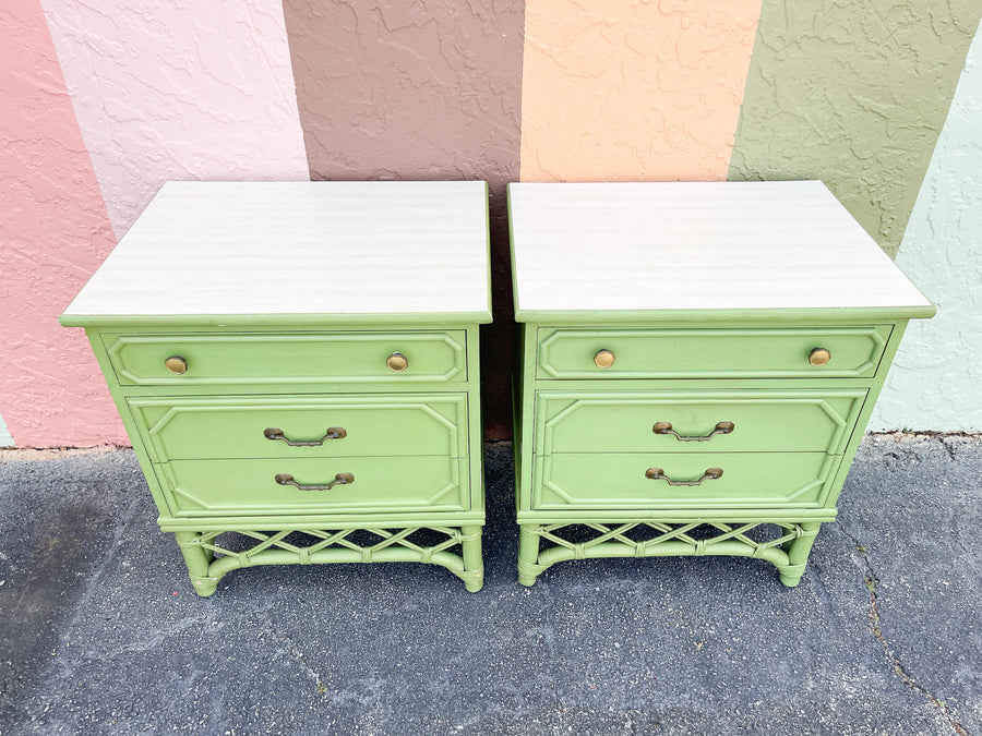 Pair of Ficks Reed Green Nightstands