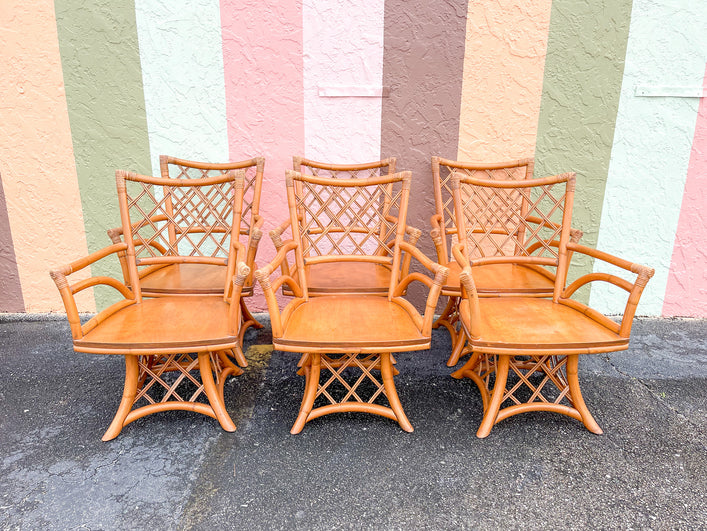 Set of Six Ficks Reed Rattan Swivel Dining Chairs