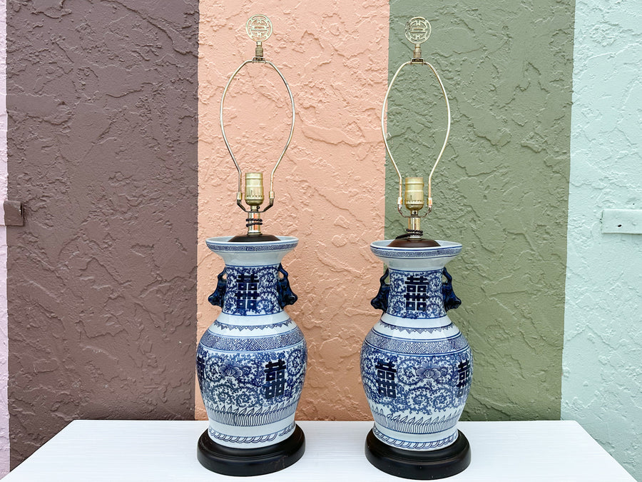 Pair of Blue and White Chinoiserie Lamps