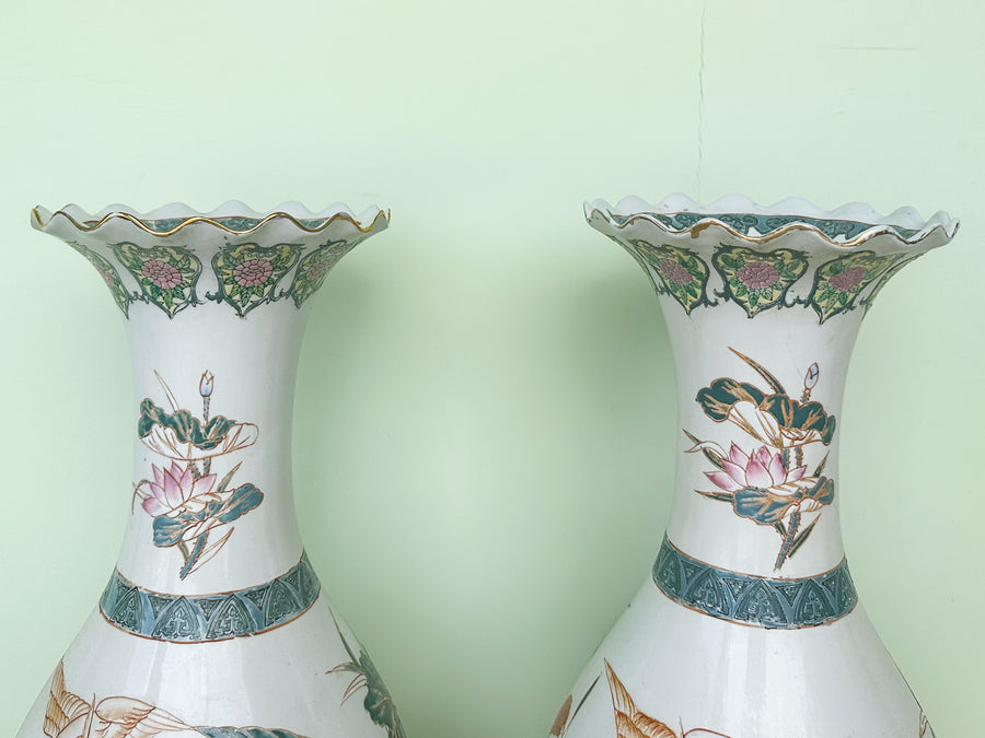 Pair of Large Colorful Heron Vases