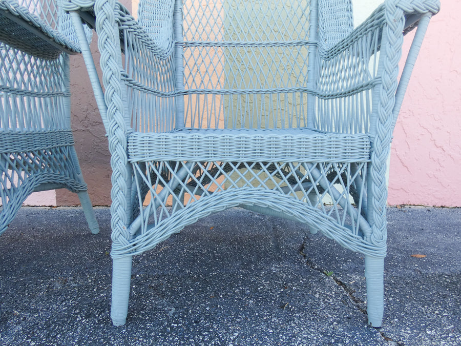 Pair of Cornflower Blue Braided Wicker Chairs