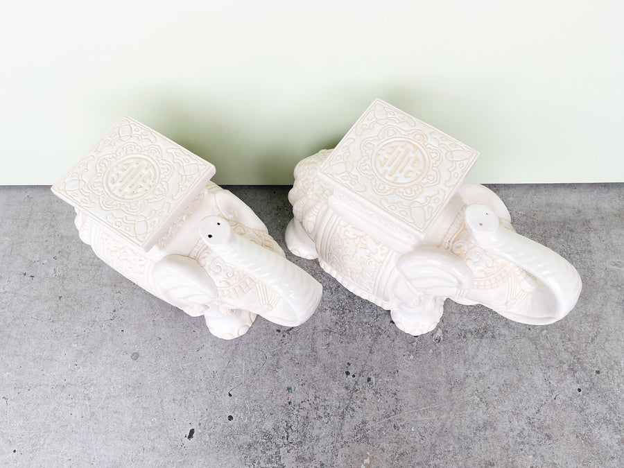 Pair of White Ceramic Elephant Garden Seats