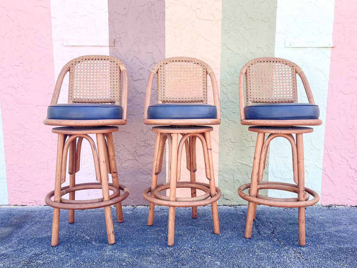 Set of Three Rattan and Cane Bar Stools