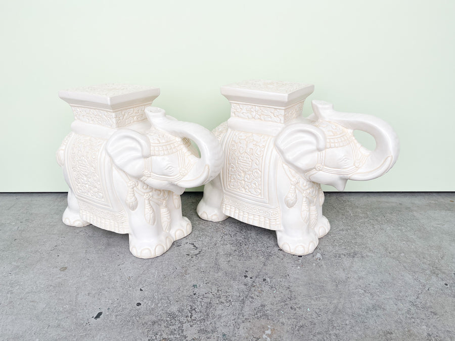 Pair of White Ceramic Elephant Garden Seats