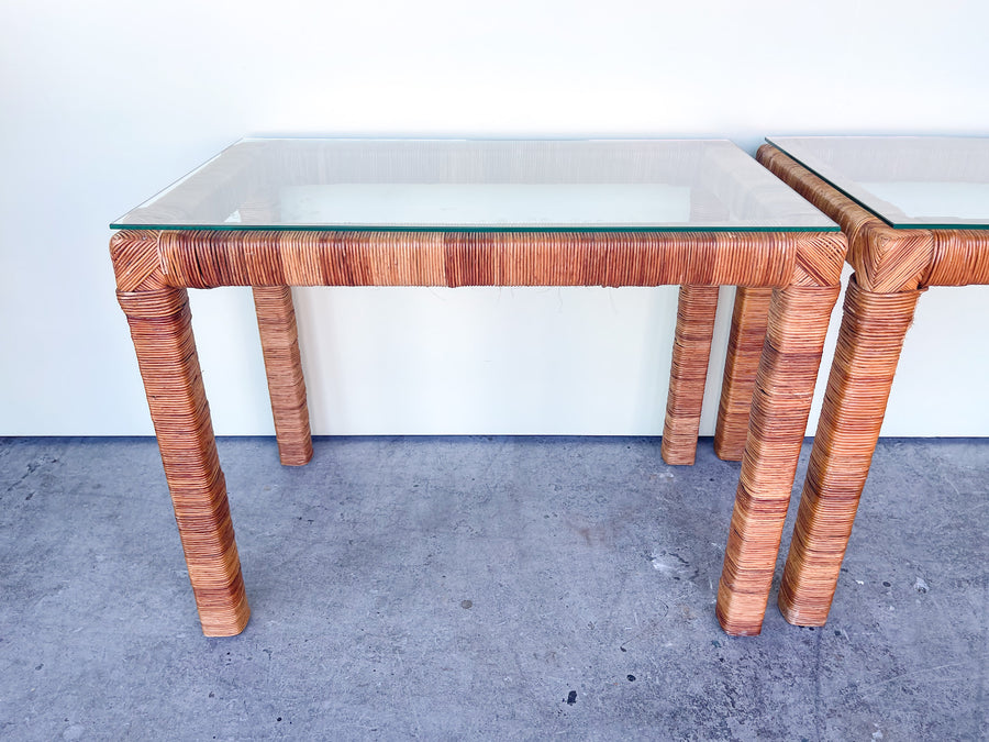Pair of Island Chic Rattan Wrapped Side Tables