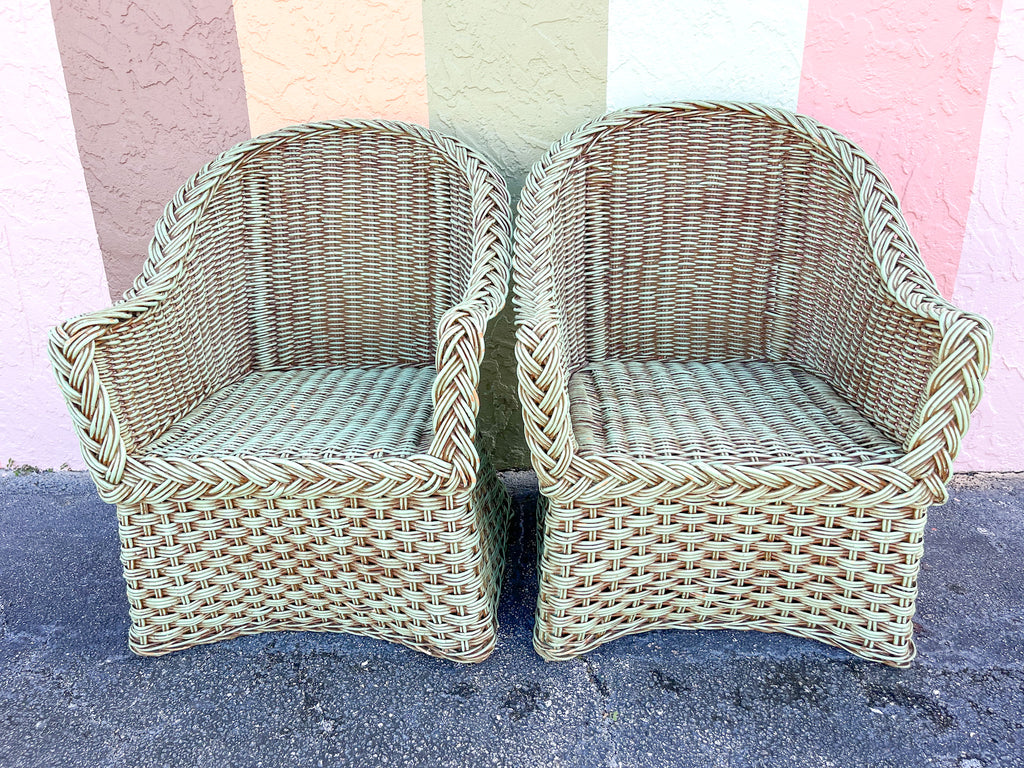 Pair of Braided Rattan Green Lounge Chairs
