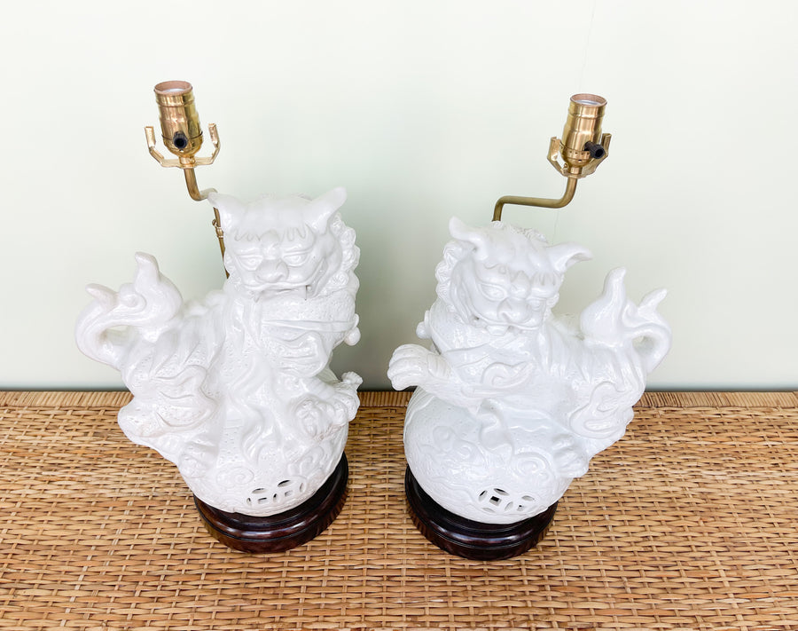 Pair of White Foo Dog Lamps