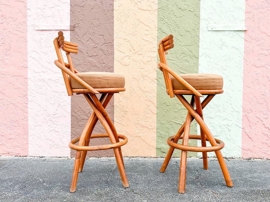 Pair of Old Florida Rattan Bar Stools