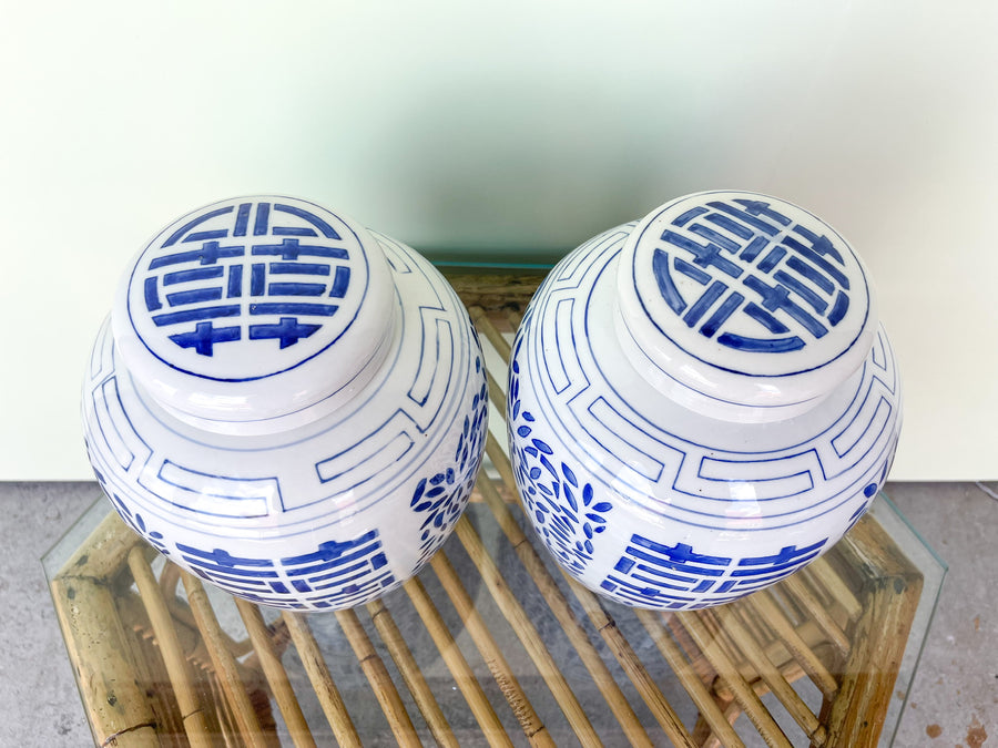 Pair of Blue and White Temple Jars