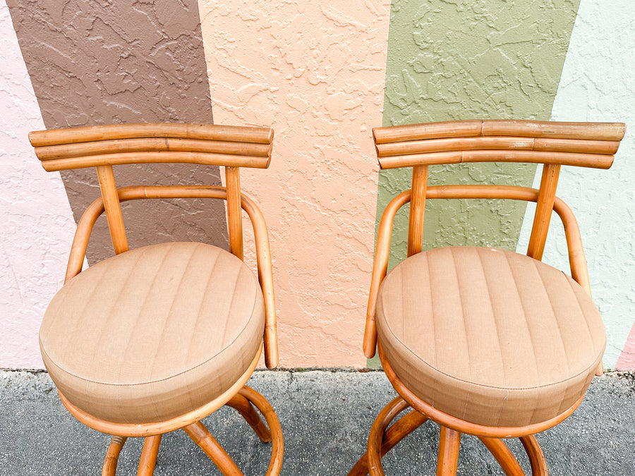 Pair of Old Florida Rattan Bar Stools