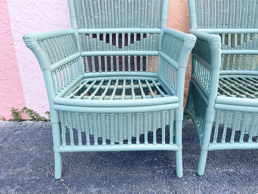 Pair of Seafoam Rattan Arm Chairs