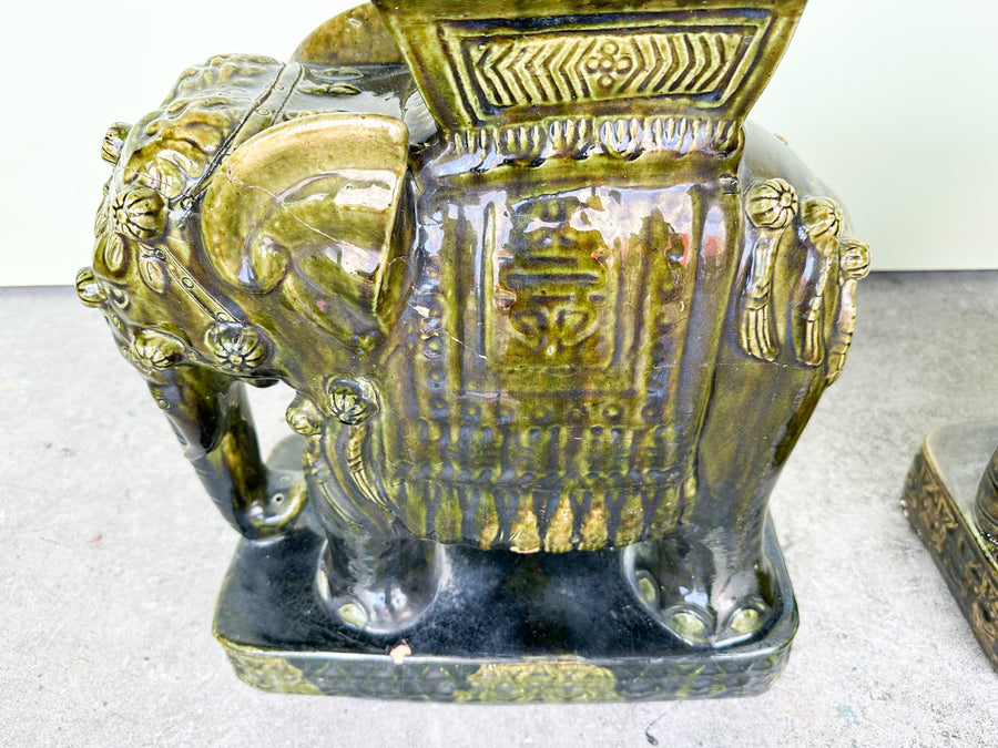 Pair of Terracotta Olive Green Elephant Garden Seats