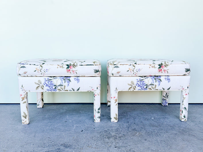 Pair of Upholstered Floral Parsons Stools