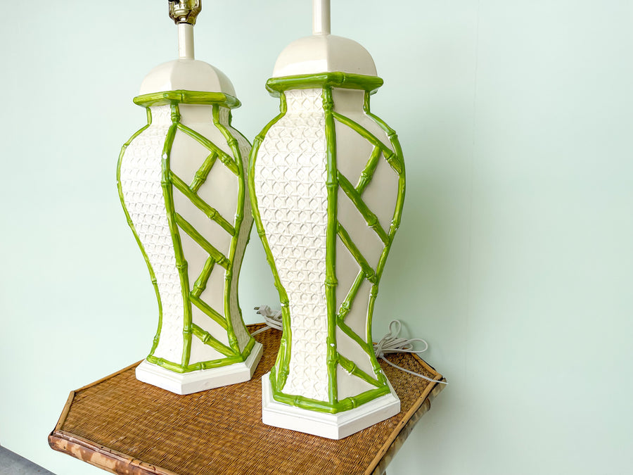 Pair of Faux Bamboo and Cane Ginger Jar Lamps