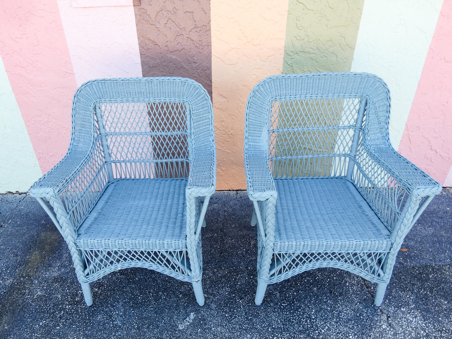 Pair of Cornflower Blue Braided Wicker Chairs