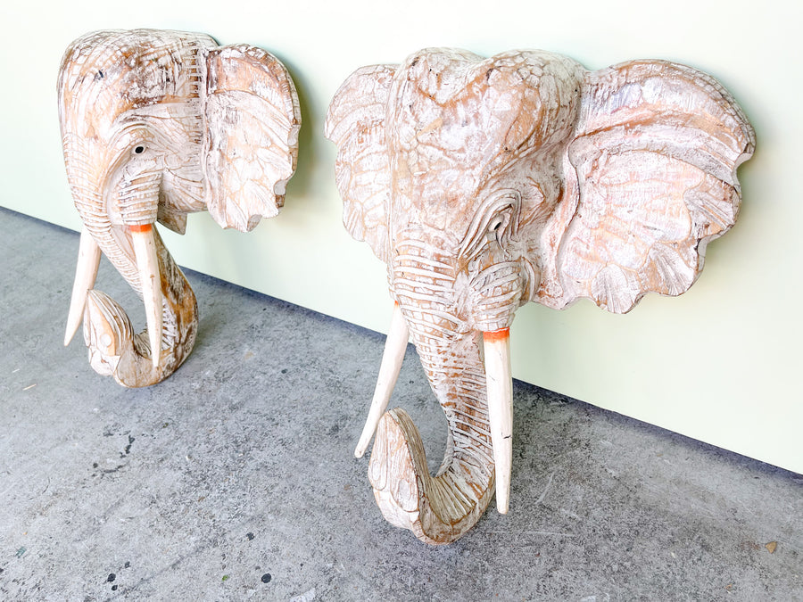 Pair of Wood Carved African Elephant Wall Sconces
