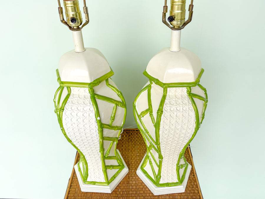 Pair of Faux Bamboo and Cane Ginger Jar Lamps