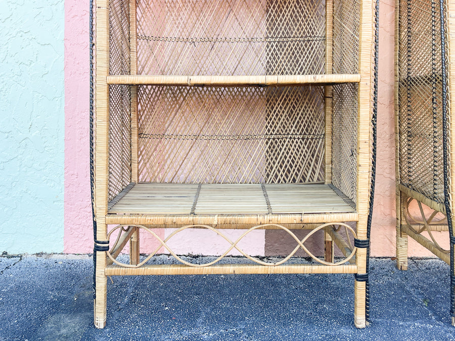 Pair of Coastal Buri Rattan Etageres
