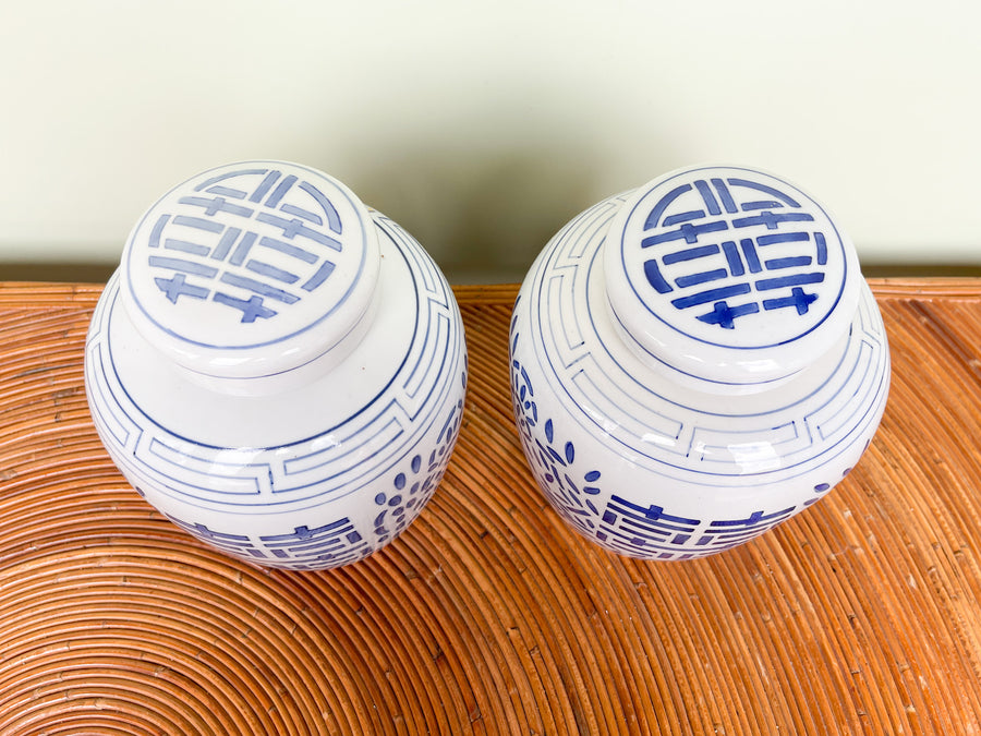 Pair of Blue and White Temple Jars