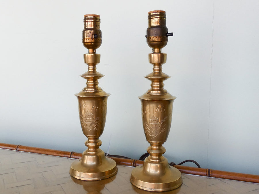 Pair of Petite Pagoda Brass Lamps