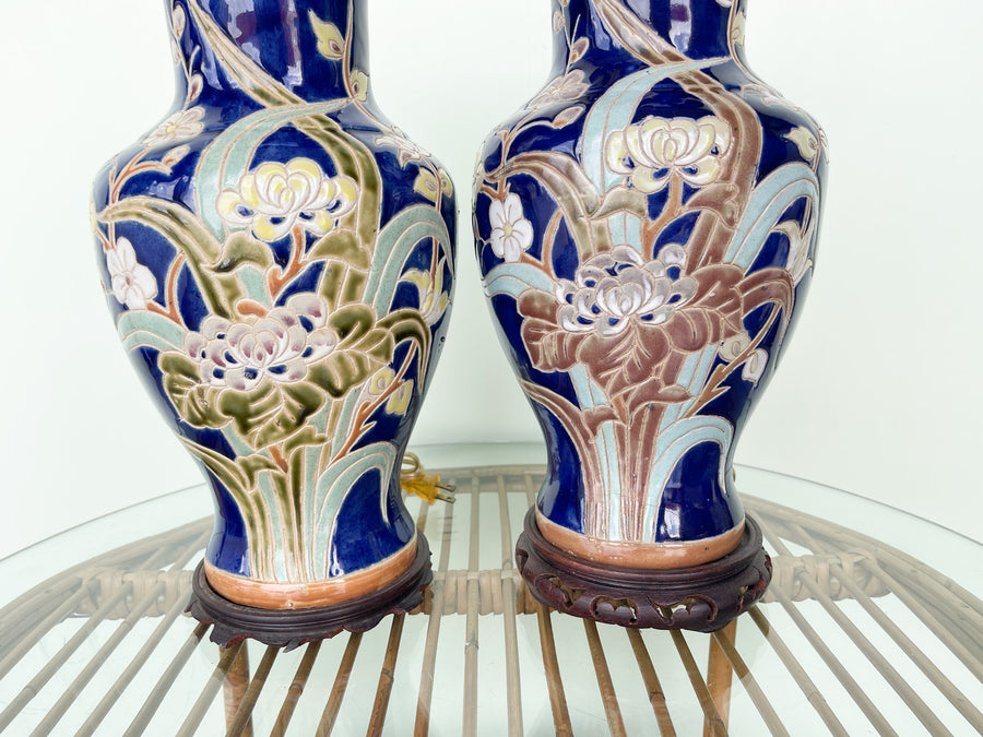 Pair of Navy Floral Lamps