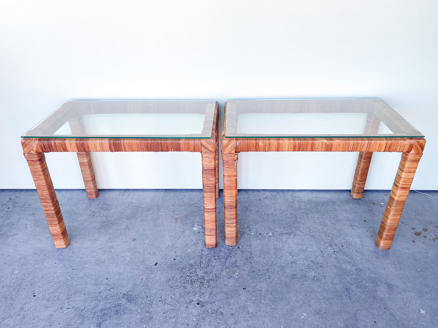 Pair of Island Chic Rattan Wrapped Side Tables