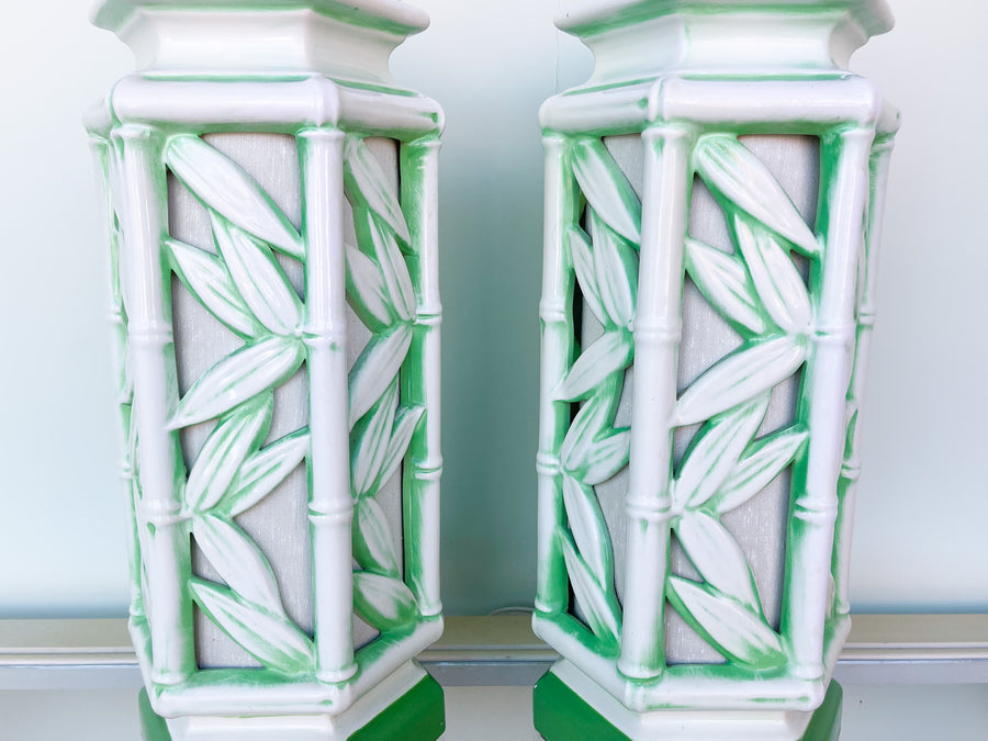 Pair of Faux Bamboo Leaf Lamps