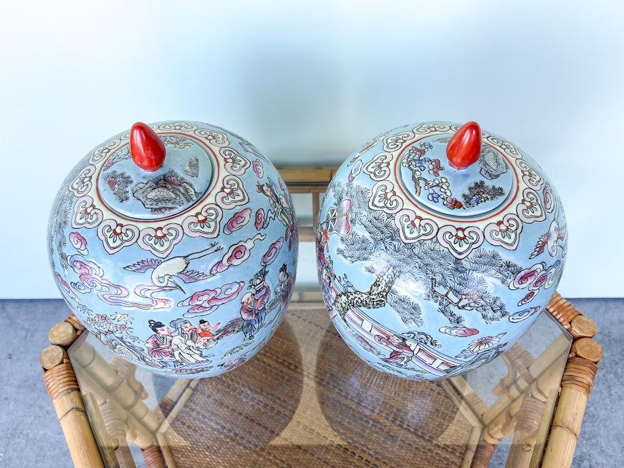 Pair of Asian Inspired Temple Jars