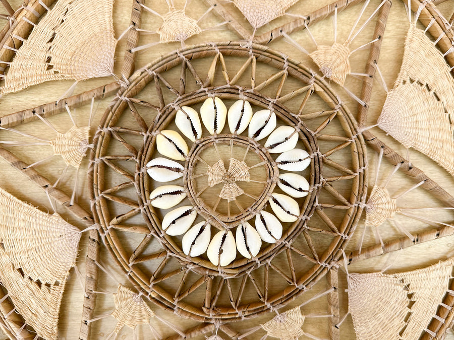 Pair of 70s Chic Rattan and Shell Wall Art
