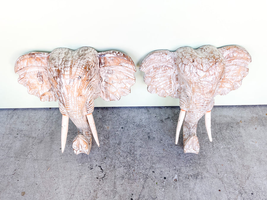 Pair of Wood Carved African Elephant Wall Sconces