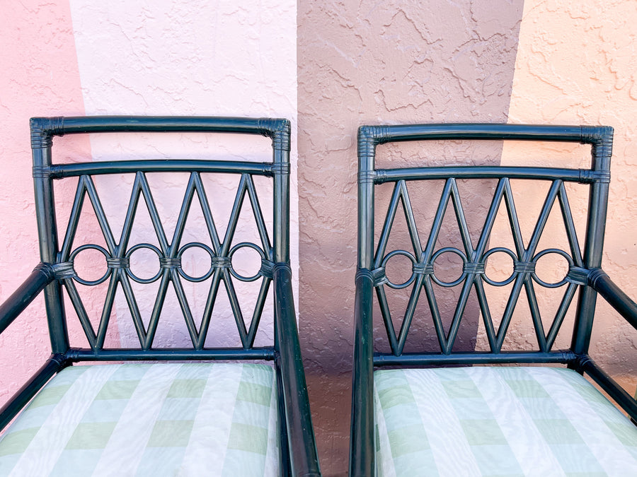 Set of Four Hunter Green Rattan Arm Chairs