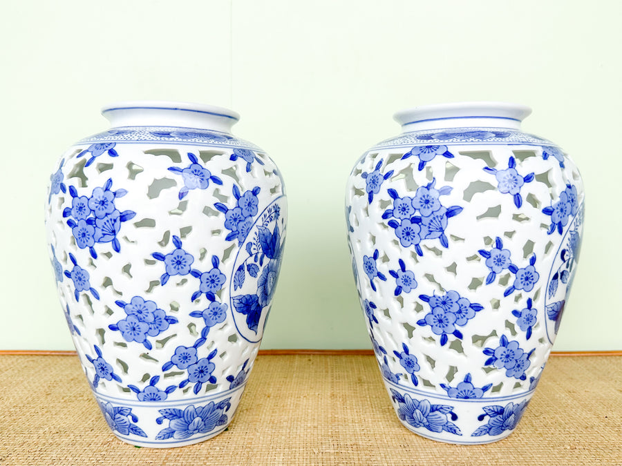 Pair of Blue and White Pierced Vases