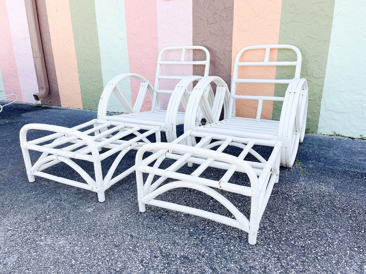 Pair of White Rattan Pretzel Chairs and Ottomans