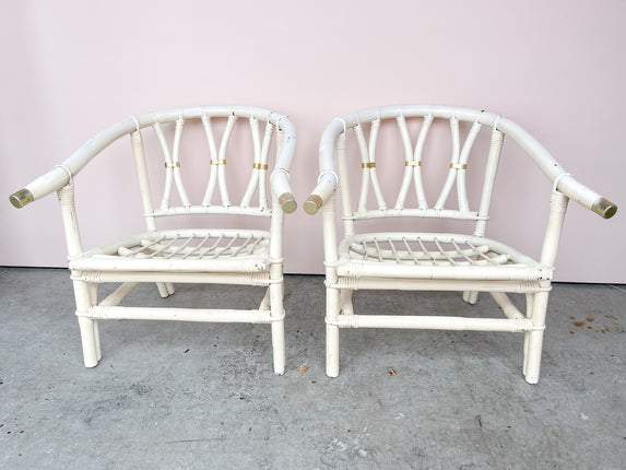 Pair of Rattan Chairs with Brass Detail