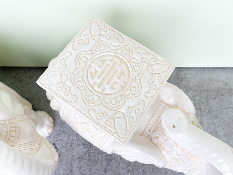 Pair of White Ceramic Elephant Garden Seats