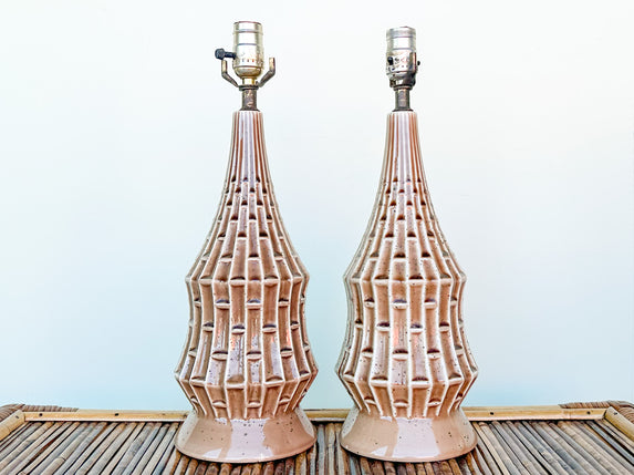 Pair of MCM Tiki Ceramic Lamps