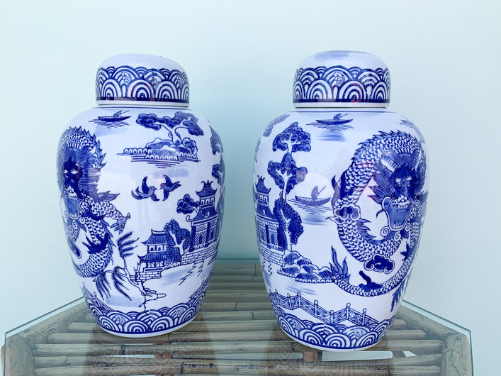 Pair of Blue and White Pagoda Ginger Jars