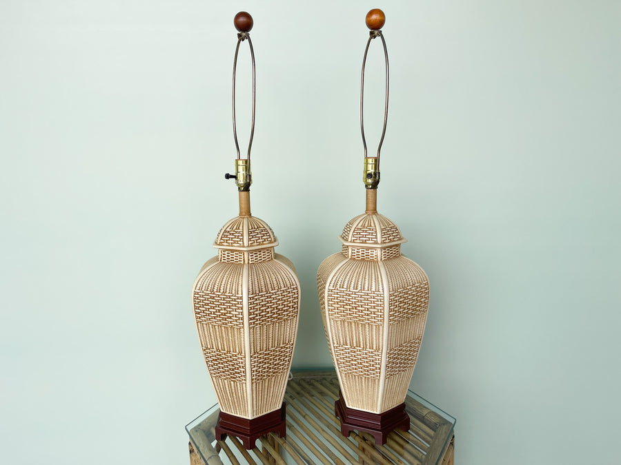 Pair of Faux Basket Ginger Jar Lamps