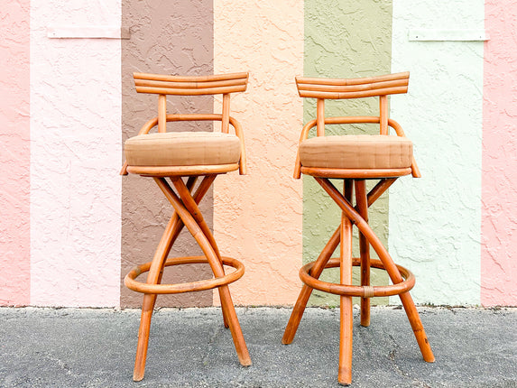 Pair of Old Florida Rattan Bar Stools