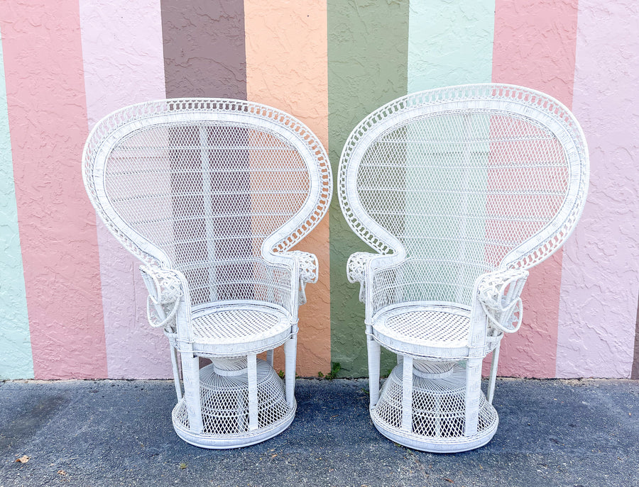 Pair of White Rattan Peacock Chairs