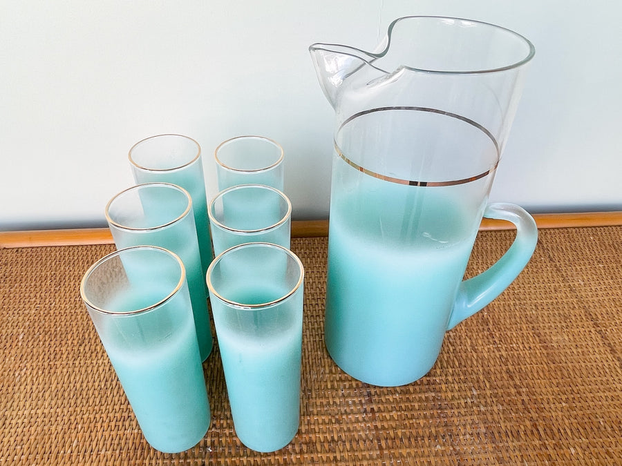 1950s Aqua Pitcher and Set of Six Glasses