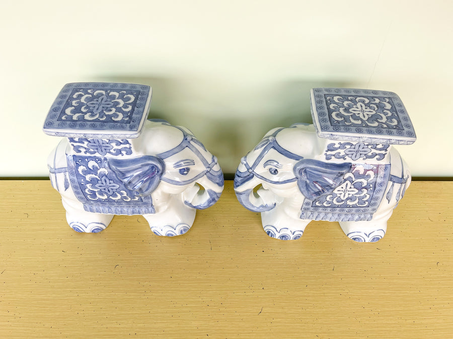 Pair of Petite Blue and White Elephant Garden Seats