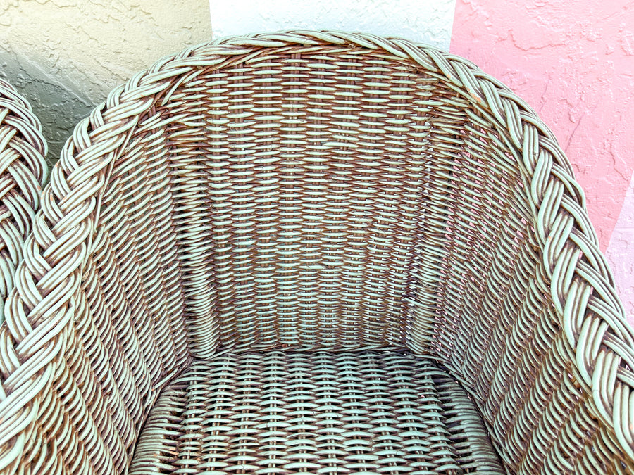 Pair of Braided Rattan Green Lounge Chairs